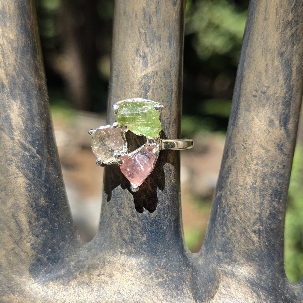 Green & Pink Tourmaline Triade Gemstone Sterling Ring Sz7.75 - Picture 4 of 8
